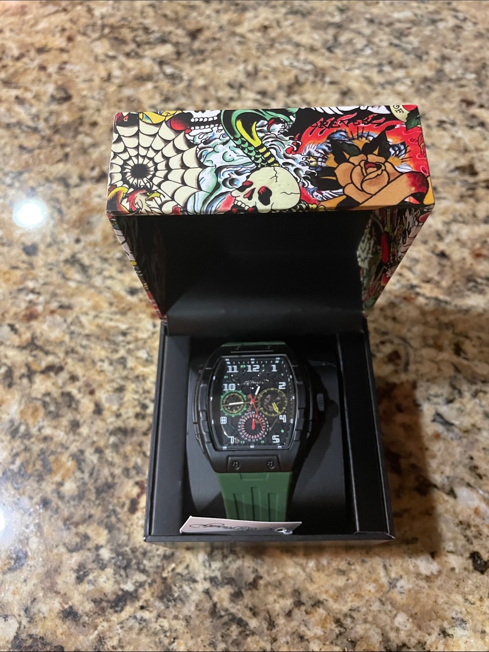 Ed Hardy Black Case Watch with Green Strap and Multi‑Accent Dial